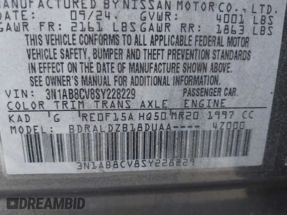 ✅ 2025 Nissan Sentra SV • VIN: 3N1AB8CV8SY228229 • Lot: 43520263. Listed on IAAI with 14,258 mi. Free auction sales archive from the USA and detailed vehicle history report at DreamBid. Image 9.