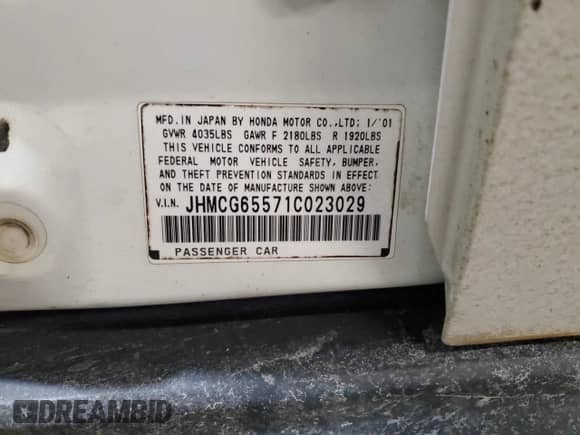 2001 Honda Accord with VIN JHMCG65571C023029, listed as a Copart auction lot 82168014 with 199,809 mi miles and Salvage title. Bid and sale history available at DreamBid. Image 12.