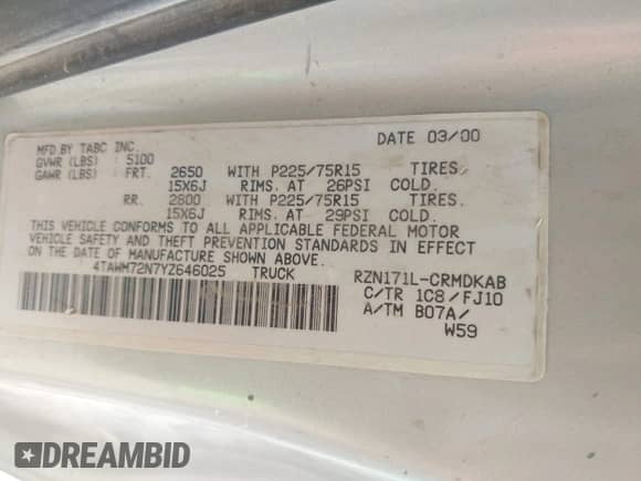 2000 Toyota Tacoma with VIN 4TAWM72N7YZ646025, listed as a IAAI auction lot 42515848 with 156,551 mi miles and . Bid and sale history available at DreamBid. Image 9.