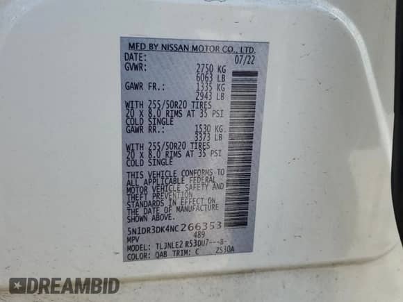 2022 Nissan Pathfinder Platinum with VIN 5N1DR3DK4NC266353, listed as a Copart auction lot 65823785 with 87,558 mi miles and Salvage title. Bid and sale history available at DreamBid. Image 13.