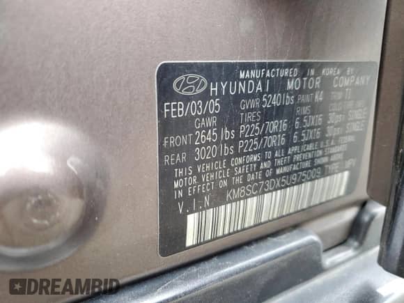 2005 Hyundai Santa Fe GLS с VIN KM8SC73DX5U975009, выставлен на аукционе Copart как лот 82798014 с пробегом 192 287 миль миль и Списание • Salvage title. История ставок и продаж доступна на DreamBid. Изображение 13.