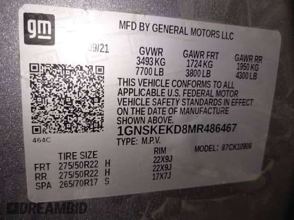 2021 Chevrolet Suburban RST z VIN 1GNSKEKD8MR486467, wystawiony jako IAAI lot #41203344 z przebiegiem 71 323 mil mil oraz . Historia ofert i sprzedaży dostępna na DreamBid. Obrazek 9.