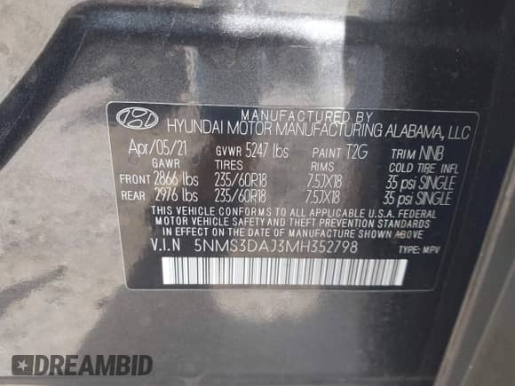 2021 Hyundai Santa Fe SEL with VIN 5NMS3DAJ3MH352798, listed as a IAAI auction lot 43106673 with 54,633 mi miles and . Bid and sale history available at DreamBid. Image 9.