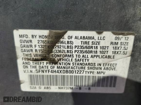 2013 Honda Pilot EX z VIN 5FNYF4H4XDB001227, wystawiony jako Copart lot #72033025 z przebiegiem 209 845 mil mil oraz Szkoda całkowita • Salvage title. Historia ofert i sprzedaży dostępna na DreamBid. Obrazek 14.