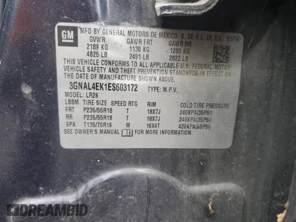 2014 Chevrolet Captiva Sport LTZ with VIN 3GNAL4EK1ES603172, listed as a Copart auction lot 81515234 with 179,212 mi miles and Clean title. Bid and sale history available at DreamBid. Image 13.