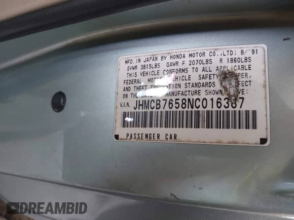 1992 Honda Accord LX with VIN JHMCB7658NC016387, listed as a IAAI auction lot 42682778 with 113,566 mi miles and . Bid and sale history available at DreamBid. Image 9.