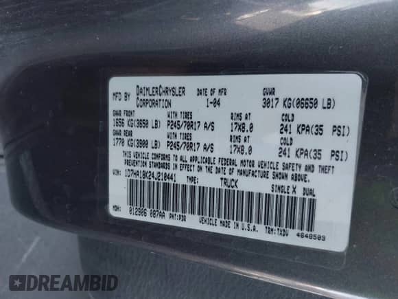 2004 Dodge 1500 ST z VIN 1D7HA18K24J210441, wystawiony jako IAAI lot #42508970 z przebiegiem 297 945 mil mil oraz . Historia ofert i sprzedaży dostępna na DreamBid. Obrazek 9.