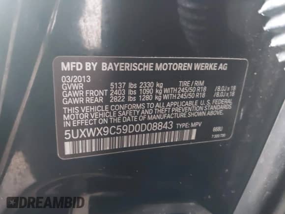 2013 BMW X3 xDrive28i with VIN 5UXWX9C59D0D08843, listed as a IAAI auction lot 43331910 with 205,475 mi miles and . Bid and sale history available at DreamBid. Image 9.
