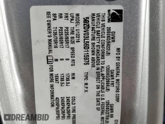 2006 Saturn Relay 2 FWD with VIN 5GZDV03L56D115976, listed as a Copart auction lot 61964154 with 131,587 mi miles and Clean title. Bid and sale history available at DreamBid. Image 13.