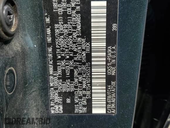 2007 Toyota Tundra SR5 z VIN 5TBET54107S455315, wystawiony jako Copart lot #68224025 z przebiegiem 213 245 mil mil oraz Czysty tytuł • Clean title. Historia ofert i sprzedaży dostępna na DreamBid. Obrazek 12.