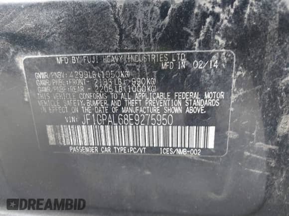 2014 Subaru Impreza Special Sports Premium z VIN JF1GPAL68E9275950, wystawiony jako IAAI lot #42382462 z przebiegiem 58 011 mil mil oraz . Historia ofert i sprzedaży dostępna na DreamBid. Obrazek 9.