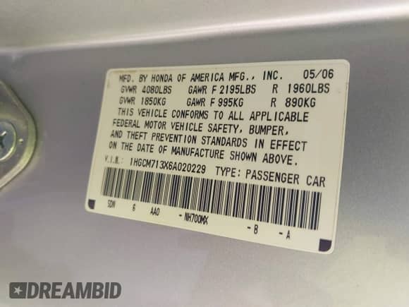 2006 Honda Accord LX with VIN 1HGCM713X6A020229, listed as a IAAI auction lot 42776083 with 161,224 mi miles and . Bid and sale history available at DreamBid. Image 9.