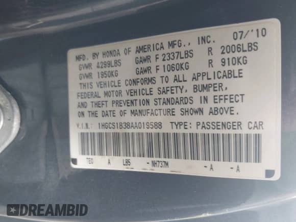 2010 Honda Accord LX-S with VIN 1HGCS1B38AA019588, listed as a IAAI auction lot 42710506 with 152,703 mi miles and . Bid and sale history available at DreamBid. Image 9.