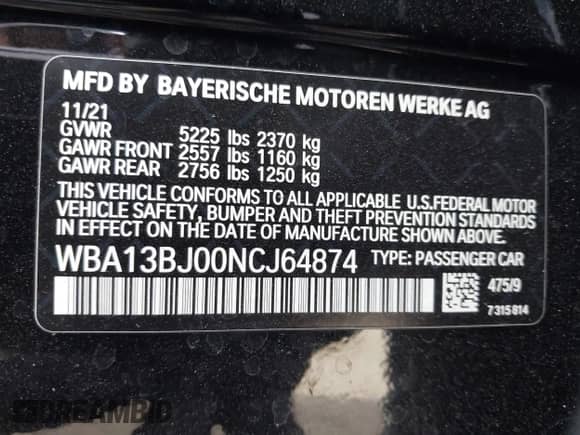 2022 BMW 5 Series 530i xDrive with VIN WBA13BJ00NCJ64874, listed as a IAAI auction lot 43420421 with 60,021 mi miles and . Bid and sale history available at DreamBid. Image 9.