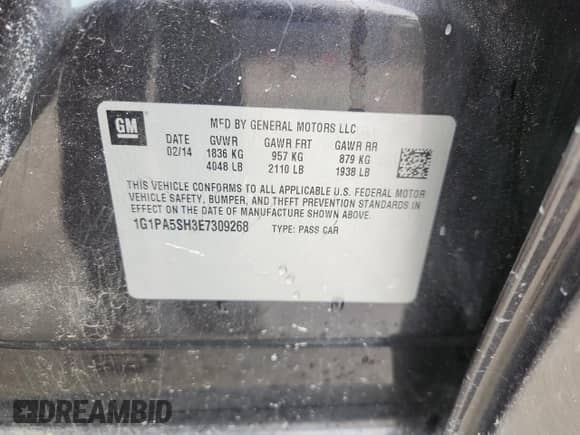 2014 Chevrolet Cruze LS with VIN 1G1PA5SH3E7309268, listed as a Copart auction lot 62173895 with 172,647 mi miles and Non repairable. Bid and sale history available at DreamBid. Image 12.