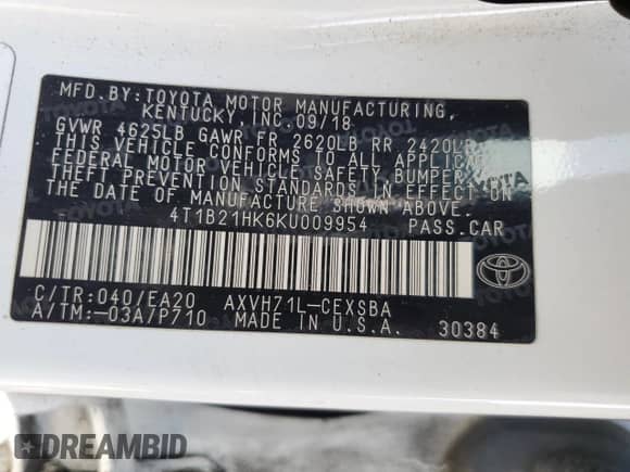 2019 Toyota Camry Hybrid SE с VIN 4T1B21HK6KU009954, выставлен на аукционе Copart как лот 68680495 с пробегом 120 149 миль миль и Списание • Salvage title. История ставок и продаж доступна на DreamBid. Изображение 12.