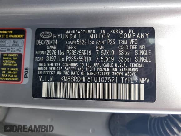 2015 Hyundai Santa Fe Limited with VIN KM8SRDHF8FU107521, listed as a Copart auction lot 87482595 with 104,604 mi miles and Clean title. Bid and sale history available at DreamBid. Image 13.