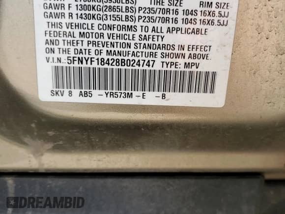 2008 Honda Pilot EX с VIN 5FNYF18428B024747, выставлен на аукционе Copart как лот 64139645 с пробегом 202 120 миль миль и Списание • Salvage title. История ставок и продаж доступна на DreamBid. Изображение 15.