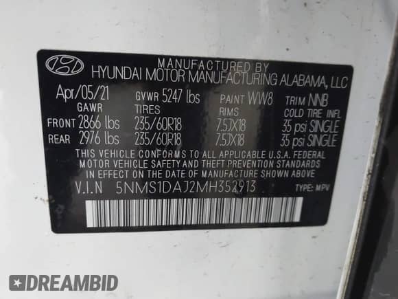 2021 Hyundai Santa Fe SE with VIN 5NMS1DAJ2MH352913, listed as a IAAI auction lot 43548098 with 93,758 mi miles and . Bid and sale history available at DreamBid. Image 9.