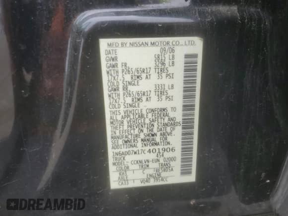 2007 Nissan Frontier LE with VIN 1N6AD07W17C401906, listed as a Copart auction lot 49831275 with 137,696 mi miles and Salvage title. Bid and sale history available at DreamBid. Image 15.