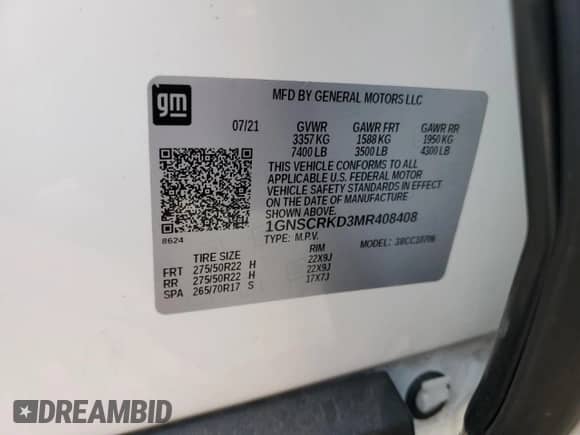 2021 Chevrolet Tahoe RST z VIN 1GNSCRKD3MR408408, wystawiony jako Copart lot #64485655 z przebiegiem 54 263 mil mil oraz Szkoda całkowita • Salvage title. Historia ofert i sprzedaży dostępna na DreamBid. Obrazek 13.