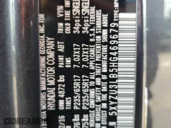 2017 Hyundai Santa Fe 2.4L with VIN 5XYZU3LB5HG469679, listed as a Copart auction lot 66317665 with 115,263 mi miles and Salvage title. Bid and sale history available at DreamBid. Image 12.