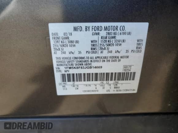 2018 Ford Explorer Limited z VIN 1FM5K8F83JGB14669, wystawiony jako Copart lot #82631515 z przebiegiem 79 251 mil mil oraz Szkoda całkowita • Salvage title. Historia ofert i sprzedaży dostępna na DreamBid. Obrazek 13.