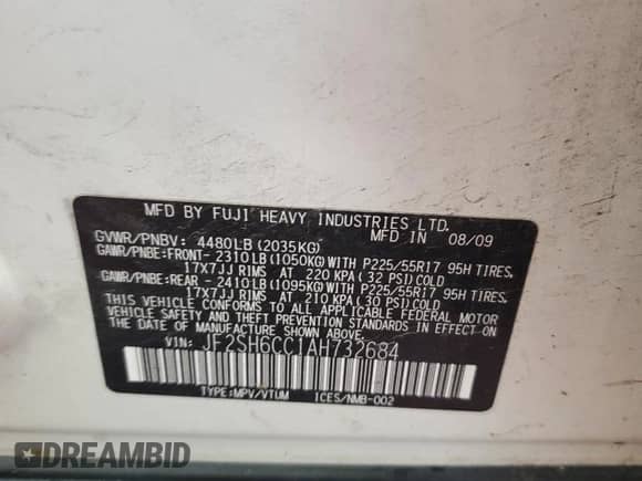 2010 Subaru Forester X Premium with VIN JF2SH6CC1AH732684, listed as a Copart auction lot 83993475 with Not provided miles and Salvage title. Bid and sale history available at DreamBid. Image 13.