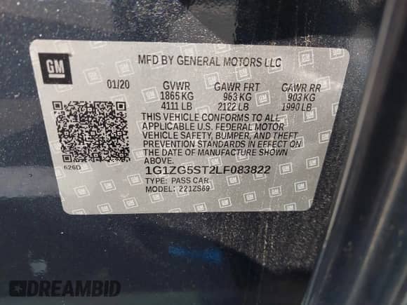 2020 Chevrolet Malibu RS with VIN 1G1ZG5ST2LF083822, listed as a IAAI auction lot 42984484 with 148,897 mi miles and . Bid and sale history available at DreamBid. Image 9.