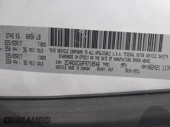 2015 Dodge Grand Caravan SXT with VIN 2C4RDGCG0FR718546, listed as a IAAI auction lot 43468424 with 207,837 mi miles and . Bid and sale history available at DreamBid. Image 9.
