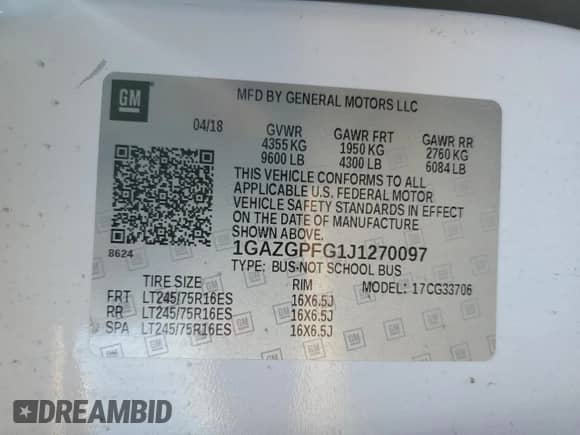 2018 Chevrolet Express Passenger LT z VIN 1GAZGPFG1J1270097, wystawiony jako Copart lot #79057124 z przebiegiem 105 682 mil mil oraz Szkoda całkowita • Salvage title. Historia ofert i sprzedaży dostępna na DreamBid. Obrazek 14.