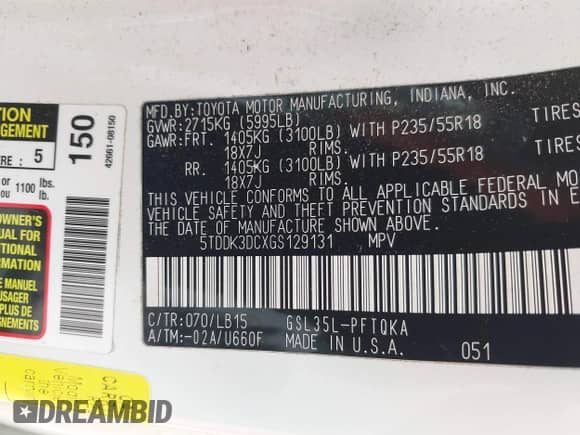 2016 Toyota Sienna Limited Premium with VIN 5TDDK3DCXGS129131, listed as a IAAI auction lot 43121178 with 114,638 mi miles and . Bid and sale history available at DreamBid. Image 9.