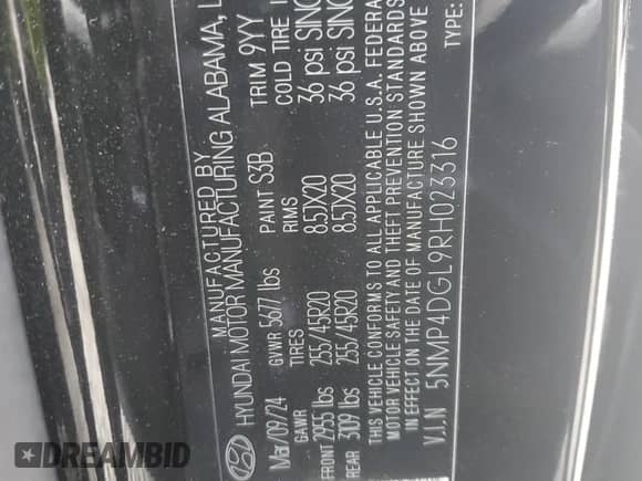 2024 Hyundai Santa Fe Limited с VIN 5NMP4DGL9RH023316, выставлен на аукционе Copart как лот 83372734 с пробегом Не указан миль и Списание • Salvage title. История ставок и продаж доступна на DreamBid. Изображение 14.