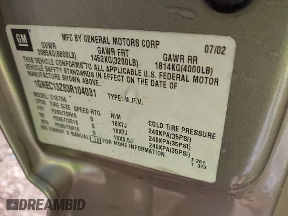 2003 Chevrolet Tahoe LT z VIN 1GNEC13Z83R104031, wystawiony jako IAAI lot #43337191 z przebiegiem Nie podano mil oraz . Historia ofert i sprzedaży dostępna na DreamBid. Obrazek 9.