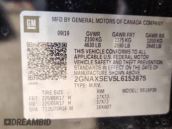 2020 Chevrolet Equinox LS with VIN 2GNAXSEV5L6152875, listed as a Copart auction lot 80279225 with 91,392 mi miles and Salvage title. Bid and sale history available at DreamBid. Image 14.