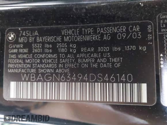 2004 BMW 7 Series 745Li with VIN WBAGN63494DS46140, listed as a IAAI auction lot 43192415 with 128,580 mi miles and . Bid and sale history available at DreamBid. Image 9.