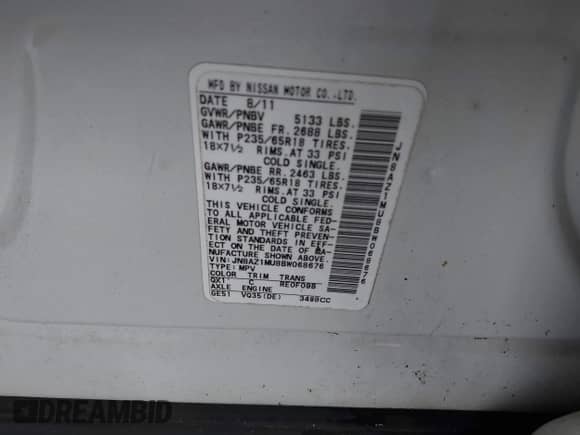 2011 Nissan Murano S с VIN JN8AZ1MU8BW068676, выставлен на аукционе IAAI как лот 42907850 с пробегом 60 486 миль миль и . История ставок и продаж доступна на DreamBid. Изображение 9.