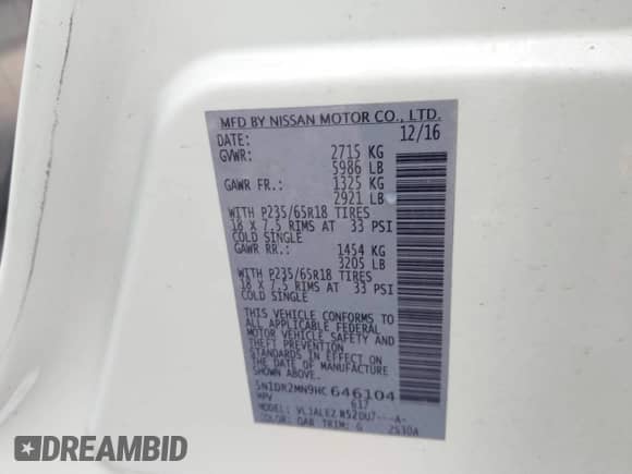 2017 Nissan Pathfinder SL with VIN 5N1DR2MN9HC646104, listed as a IAAI auction lot 42358443 with 146,902 mi miles and . Bid and sale history available at DreamBid. Image 9.