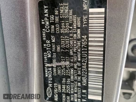 2020 Hyundai Tucson SE с VIN KM8J23A42LU117654, выставлен на аукционе Copart как лот 90128585 с пробегом 60 625 миль миль и Списание • Salvage title. История ставок и продаж доступна на DreamBid. Изображение 12.