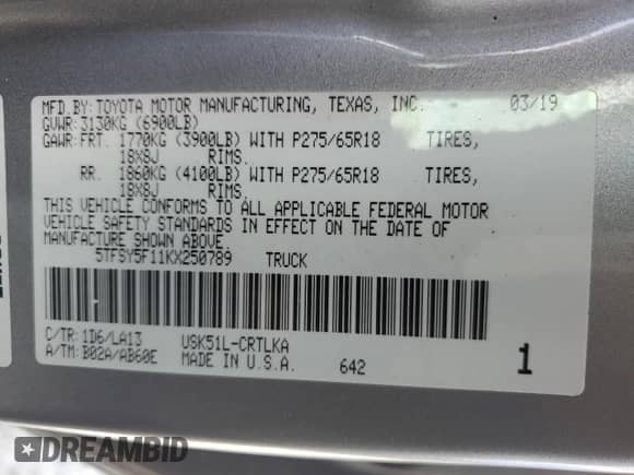 2019 Toyota Tundra Limited z VIN 5TFSY5F11KX250789, wystawiony jako Copart lot #59864285 z przebiegiem 73 916 mil mil oraz Szkoda całkowita • Salvage title. Historia ofert i sprzedaży dostępna na DreamBid. Obrazek 13.