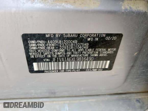 2020 Subaru WRX with VIN JF1VA1A6XL9816490, listed as a Copart auction lot 64499865 with 49,834 mi miles and Salvage title. Bid and sale history available at DreamBid. Image 12.