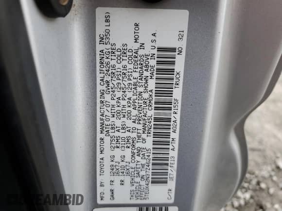 2007 Toyota Tacoma with VIN 5TEUX42N37Z462415, listed as a Copart auction lot 62317005 with 173,690 mi miles and Salvage title. Bid and sale history available at DreamBid. Image 12.