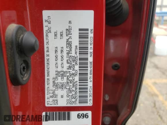2019 Toyota Tacoma SR5 with VIN 3TMAZ5CN5KM093676, listed as a Copart auction lot 49080554 with 112,824 mi miles and Salvage title. Bid and sale history available at DreamBid. Image 12.