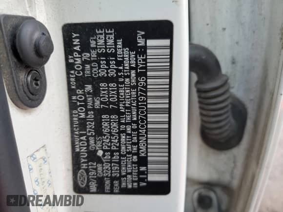 2012 Hyundai Veracruz Limited с VIN KM8NU4CC7CU197796, выставлен на аукционе Copart как лот 80584664 с пробегом 115 964 миль миль и Списание • Salvage title. История ставок и продаж доступна на DreamBid. Изображение 12.