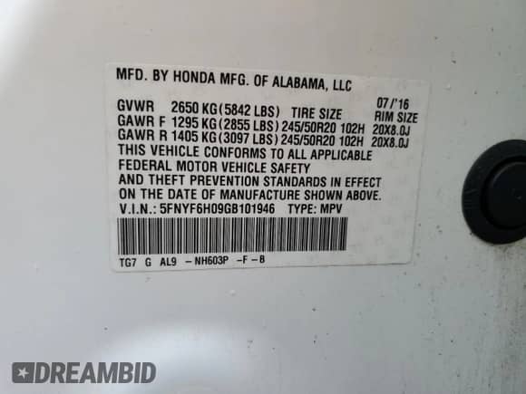 2016 Honda Pilot Elite z VIN 5FNYF6H09GB101946, wystawiony jako Copart lot #81209865 z przebiegiem 186 488 mil mil oraz Szkoda całkowita • Salvage title. Historia ofert i sprzedaży dostępna na DreamBid. Obrazek 14.