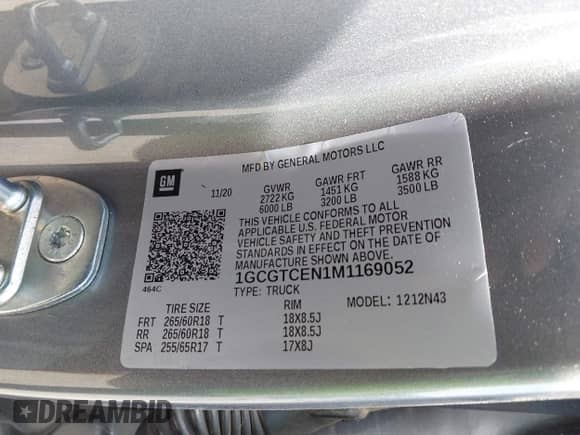 2021 Chevrolet Colorado 4WD LT with VIN 1GCGTCEN1M1169052, listed as a IAAI auction lot 42451571 with 72,738 mi miles and . Bid and sale history available at DreamBid. Image 9.