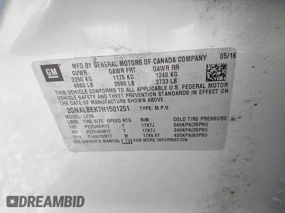 2017 Chevrolet Equinox LS with VIN 2GNALBEK7H1501251, listed as a IAAI auction lot 43353416 with 139,739 mi miles and . Bid and sale history available at DreamBid. Image 9.