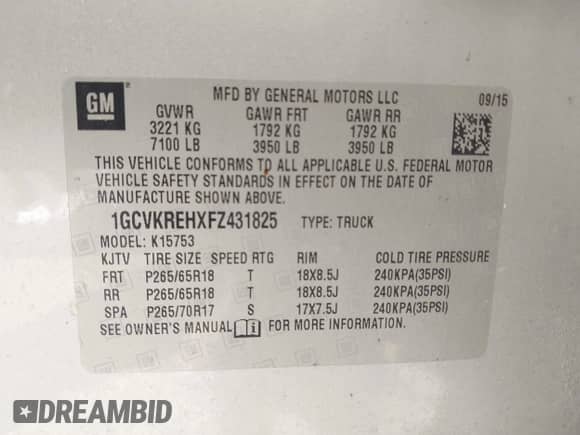 2015 Chevrolet Silverado 1500 LT z VIN 1GCVKREHXFZ431825, wystawiony jako IAAI lot #42714255 z przebiegiem 172 750 mil mil oraz . Historia ofert i sprzedaży dostępna na DreamBid. Obrazek 9.