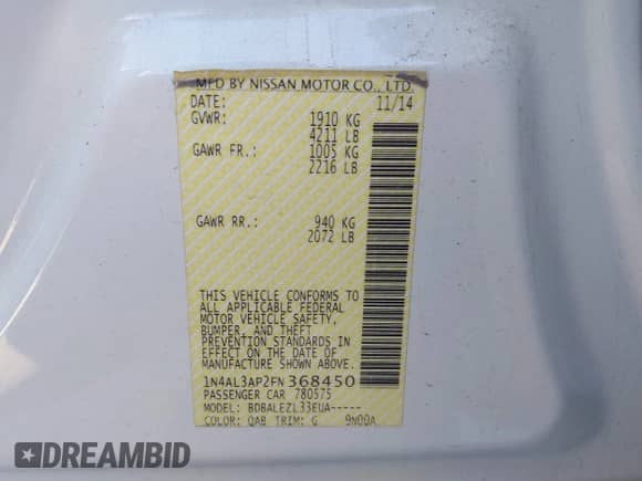 2015 Nissan Altima S z VIN 1N4AL3AP2FN368450, wystawiony jako IAAI lot #42066325 z przebiegiem 134 895 mil mil oraz . Historia ofert i sprzedaży dostępna na DreamBid. Obrazek 9.