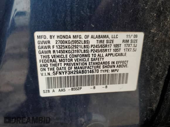 2010 Honda Pilot LX with VIN 5FNYF3H29AB014670, listed as a Copart auction lot 56942375 with 178,729 mi miles and Salvage title. Bid and sale history available at DreamBid. Image 13.
